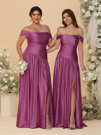 A-Line/Princess Off-the-Shoulder  Ruched Long Bridesmaid Dresses With Side Slit & Pleats