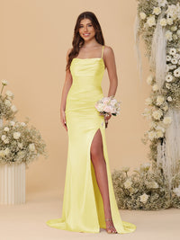 Sheath/Column Spaghetti Straps Sleeveless Ruched Long Bridesmaid Dresses With Side Slit
