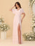 A-Line/Princess V-Neck Ruffle Short Sleeves Ruched Floor-Length Bridesmaid Dresses With Side Slit