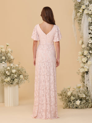 A-Line/Princess V-Neck Ruffle Short Sleeves Ruched Floor-Length Bridesmaid Dresses With Side Slit