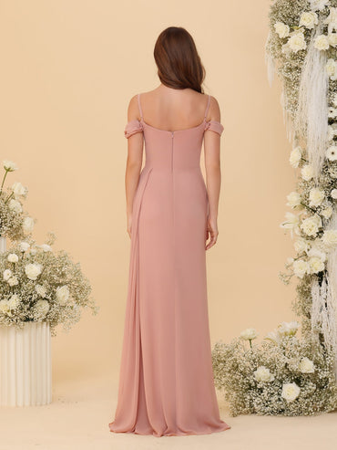 Sheath/Column Off-the-Shoulder Spaghetti Straps Long Ruched Bridesmaid Dresses With Side Slit