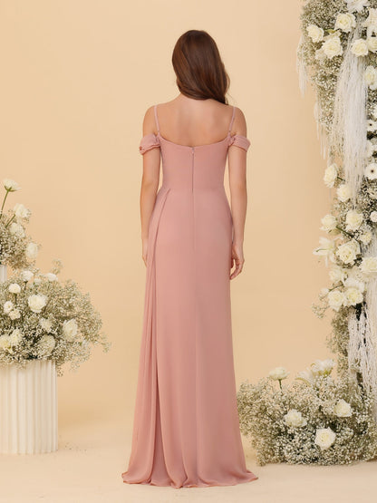 Sheath/Column Off-the-Shoulder Spaghetti Straps Long Ruched Bridesmaid Dresses With Side Slit
