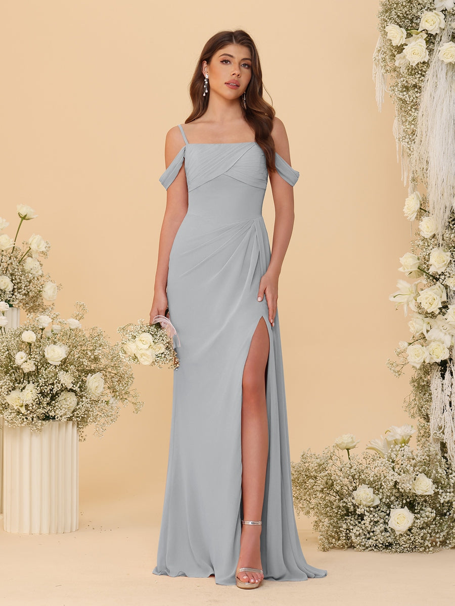 Nafori Gray Sheath/Column Off-the-Shoulder Spaghetti Straps Long Ruched Bridesmaid Dresses With Side Slit 2026
