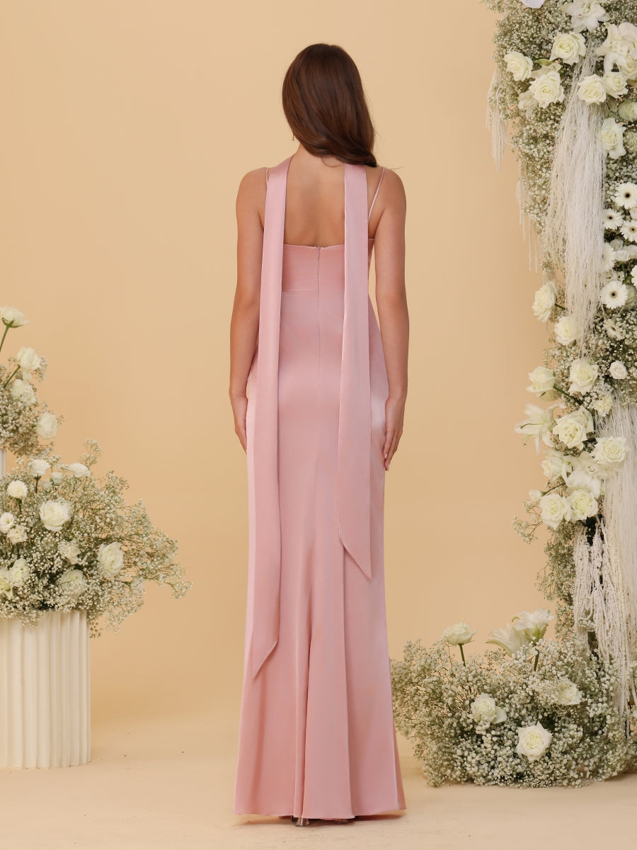Sheath/Column Silk Satin Spaghetti Straps Sleeveless Floor-Length Ruched  Bridesmaid Dresses With Neck Scarf & Split Side