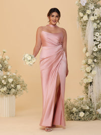 Sheath/Column Silk Satin Spaghetti Straps Sleeveless Floor-Length Ruched  Bridesmaid Dresses With Neck Scarf & Split Side