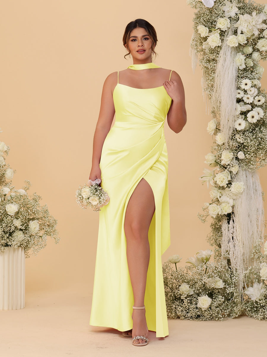Sheath/Column Silk Satin Spaghetti Straps Sleeveless Floor-Length Ruched  Bridesmaid Dresses With Neck Scarf & Split Side