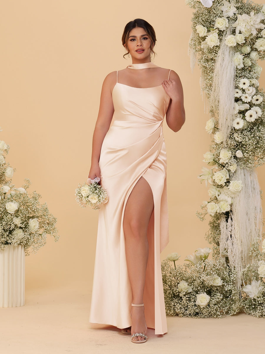 Sheath/Column Silk Satin Spaghetti Straps Sleeveless Floor-Length Ruched  Bridesmaid Dresses With Neck Scarf & Split Side
