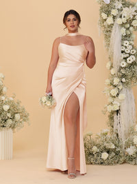 Sheath/Column Silk Satin Spaghetti Straps Sleeveless Floor-Length Ruched  Bridesmaid Dresses With Neck Scarf & Split Side