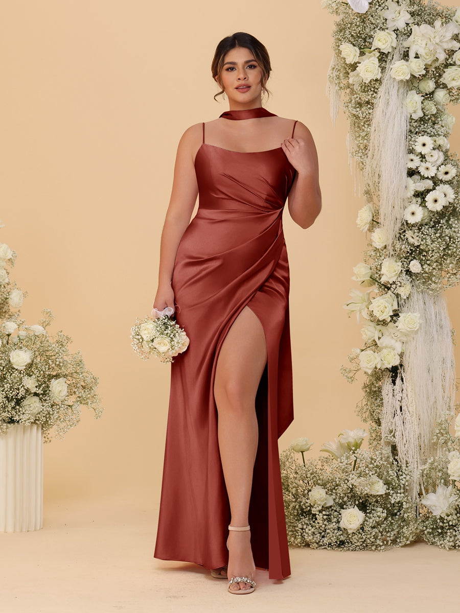 Sheath/Column Silk Satin Spaghetti Straps Sleeveless Floor-Length Ruched  Bridesmaid Dresses With Neck Scarf & Split Side