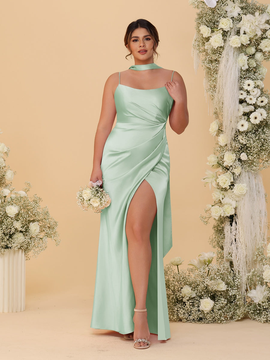 Sheath/Column Silk Satin Spaghetti Straps Sleeveless Floor-Length Ruched  Bridesmaid Dresses With Neck Scarf & Split Side