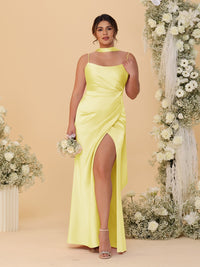 Sheath/Column Silk Satin Spaghetti Straps Sleeveless Floor-Length Ruched  Bridesmaid Dresses With Neck Scarf & Split Side