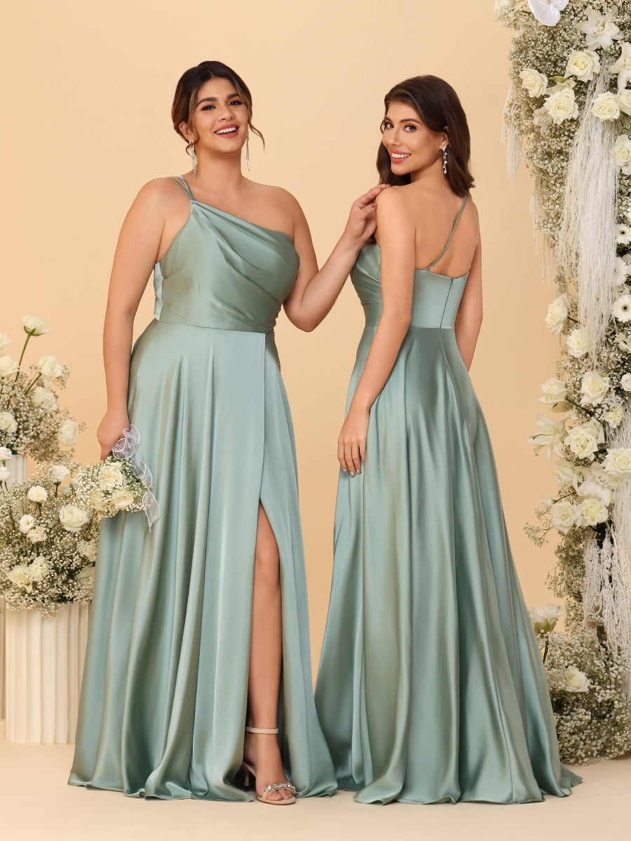 A-Line/Princess Spaghetti Straps Sleeveless Long Ruched Bridesmaid Dresses With Split Side
