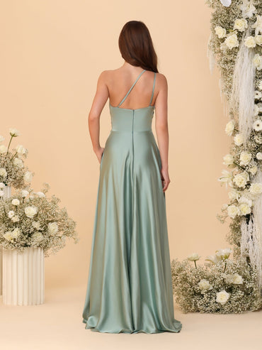 A-Line/Princess Spaghetti Straps Sleeveless Long Ruched Bridesmaid Dresses With Split Side
