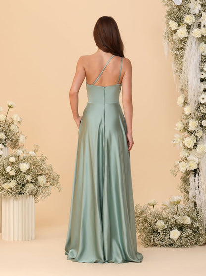 A-Line/Princess Spaghetti Straps Sleeveless Long Ruched Bridesmaid Dresses With Split Side