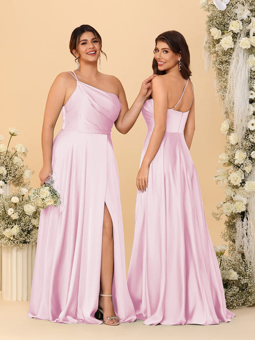 A字/公主式细吊带无袖长款褶皱伴娘礼服，带开衩下摆