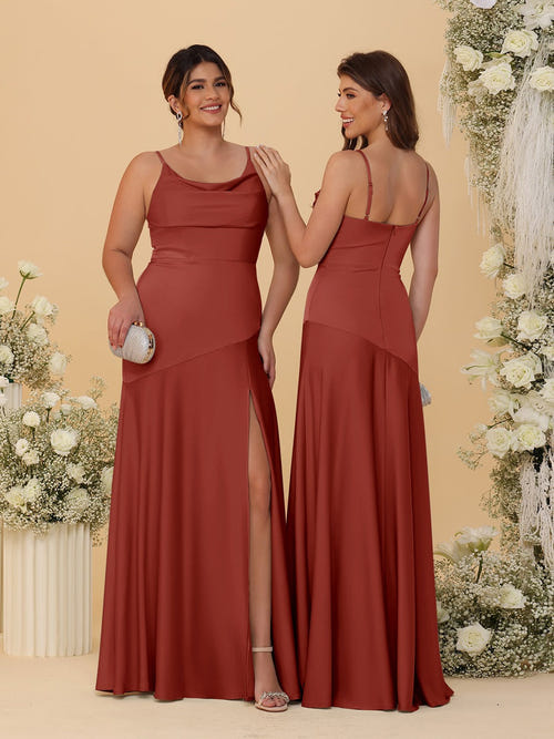 修身/直筒意大利面肩带式抹胸领无袖伴娘礼服，带开衩