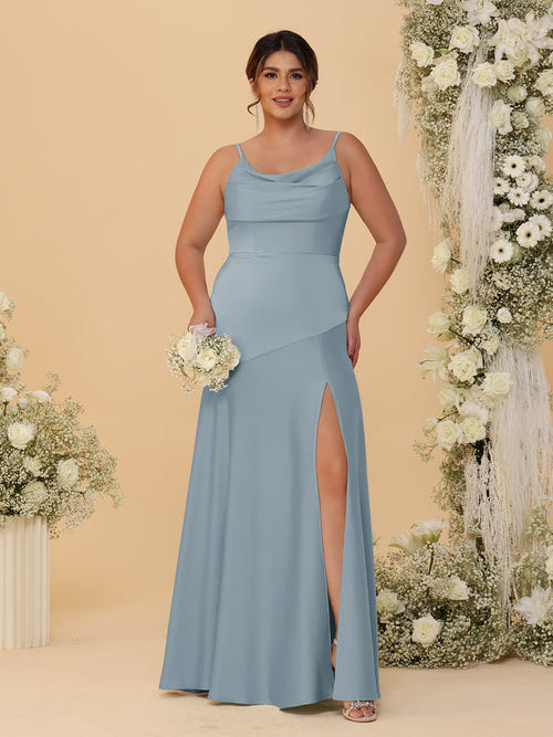 鞘形/直筒式吊带露背无袖大码伴娘礼服，带开衩
