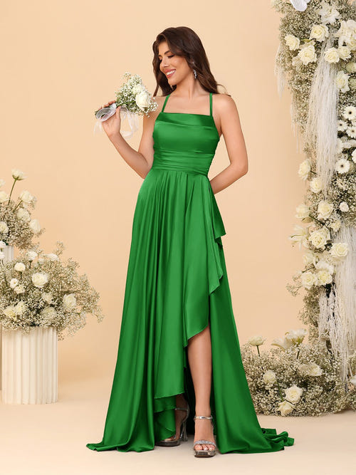 A字/公主式细吊带无袖扫地拖尾伴娘礼服带开叉
