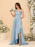 A字/公主式细吊带无袖扫地拖尾伴娘礼服带开叉