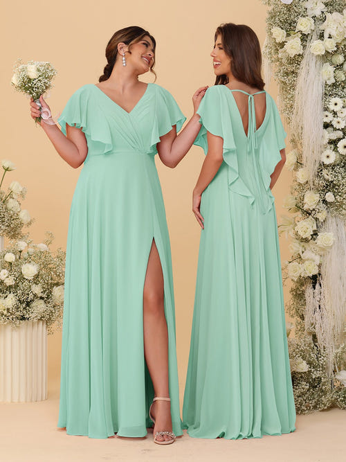 A字型/公主式V领短袖落地褶皱伴娘礼服，带侧开叉