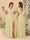 A字型/公主式V领短袖落地褶皱伴娘礼服，带侧开叉