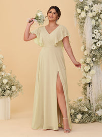 A-Line/Princess V-Neck Short Sleeves Floor-Length Plus Size Bridesmaid Dresses With Side Slit