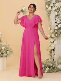 A-Line/Princess V-Neck Short Sleeves Floor-Length Plus Size Bridesmaid Dresses With Side Slit