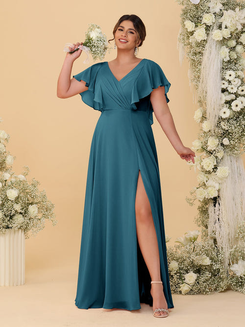 A字/公主式V领短袖曳地大码伴娘礼服，带侧开叉