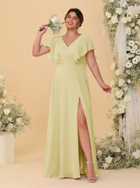 A-Line/Princess V-Neck Short Sleeves Floor-Length Plus Size Bridesmaid Dresses With Side Slit