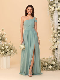 A-Line/Princess One-Shoulder Sleeveless Floor-Length Ruched Bridesmaid Dresses With Side Slit