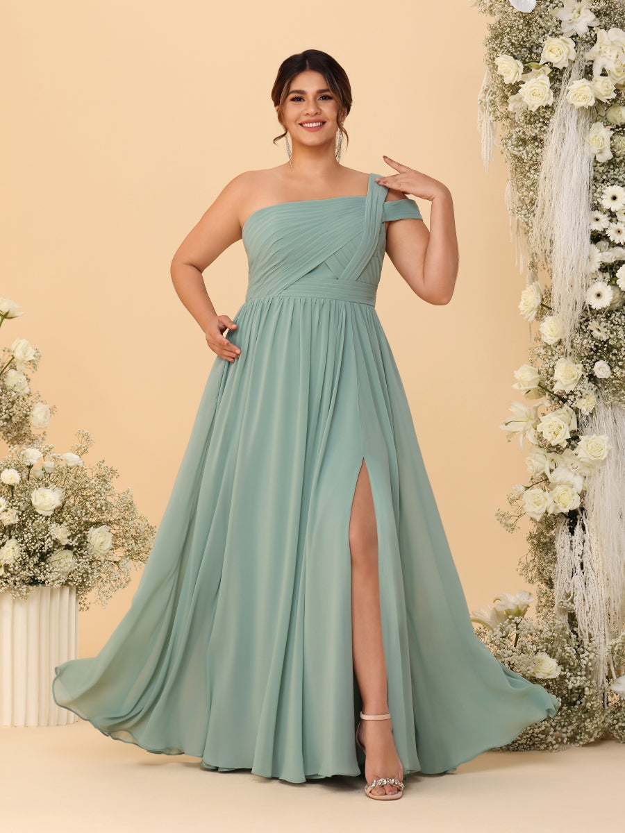 A-Line/Princess One-Shoulder Sleeveless Floor-Length Ruched Plus Size Bridesmaid Dresses With Side Slit