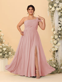 A-Line/Princess One-Shoulder Sleeveless Floor-Length Ruched Plus Size Bridesmaid Dresses With Side Slit