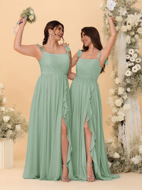 A-Line/Princess Square Neck Sleeveless Ruched Bridesmaid Dresses With Side Slit & Ruffles