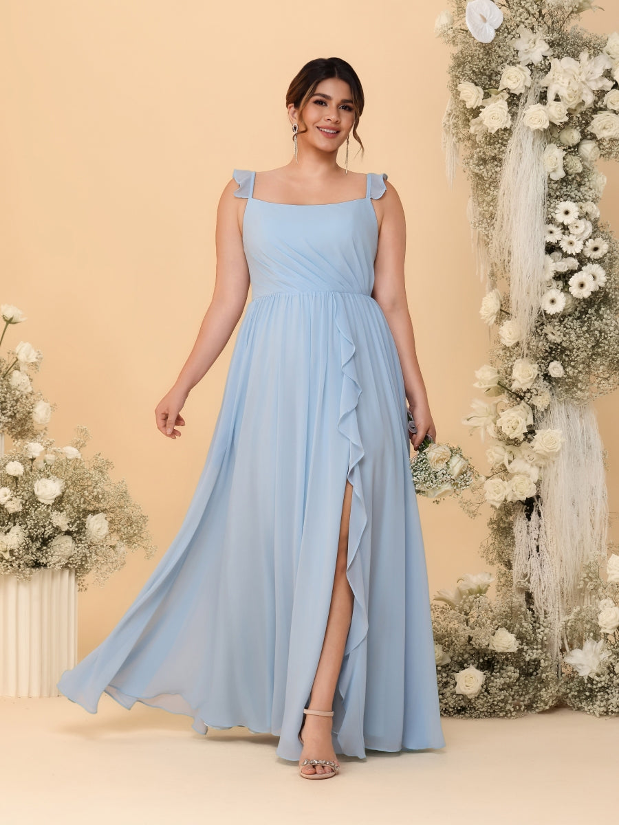 A-Line/Princess Square Neck Sleeveless Plus Size Bridesmaid Dresses With Side Slit & Ruffles