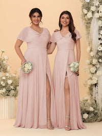 A-Line/Princess V-Neck Short Sleeves Long Chiffon Bridesmaid Dresses With Side Slit