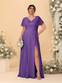 A-Line/Princess V-Neck Short Sleeves Plus Size Bridesmaid Dresses With Side Slit