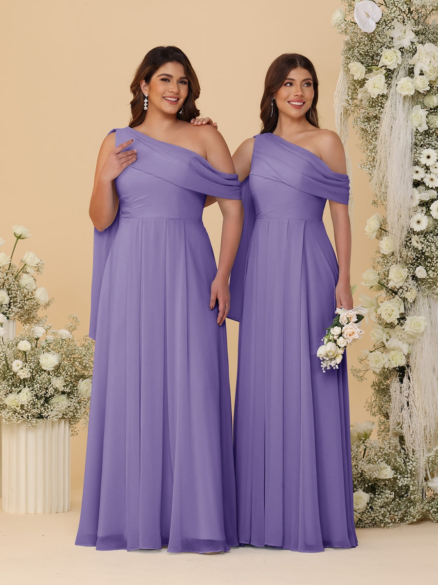 Nafori Purple A-Line/Princess One-Shoulder Floor-Length Plus Size Bridesmaid Dresses With Watteau Train 2026