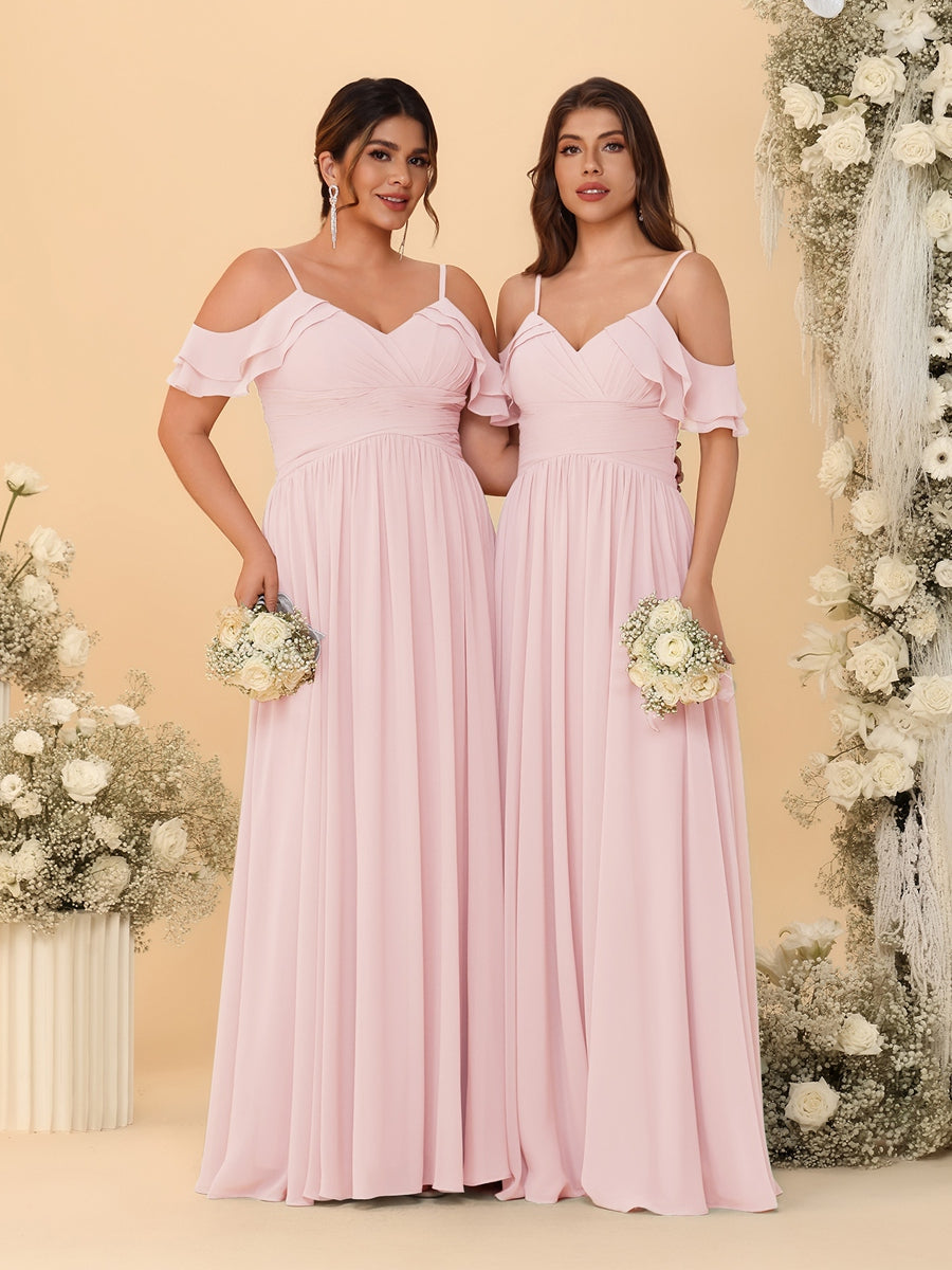 Nafori Light Pink A-Line/Princess V-Neck Spaghetti Straps Chiffon Ruched Bridesmaid Dresses 2026