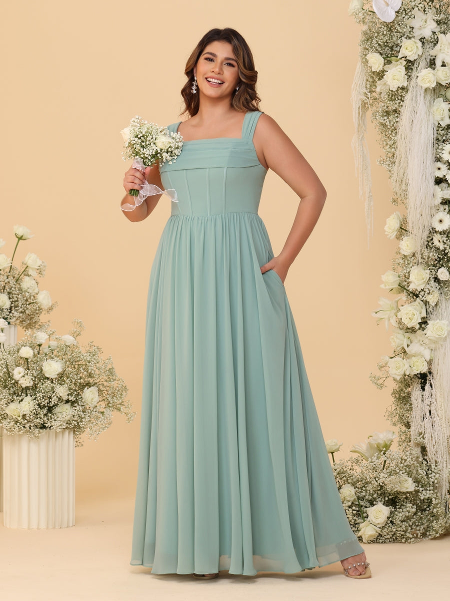 Chiffon A-Line/Princess Square Neck Sleeveless Plus Size Bridesmaid Dresses with Pleats