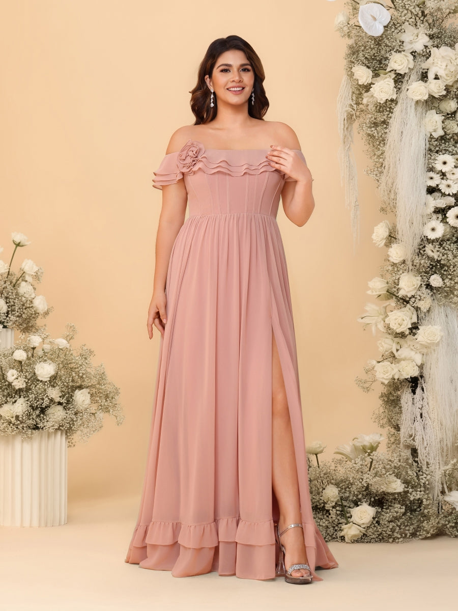 Chiffon A-Line/Princess Off-the-Shoulder Short Sleeves Plus Size Bridesmaid Dresses with Side Slit