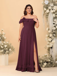Chiffon A-Line/Princess Off-the-Shoulder Short Sleeves Plus Size Bridesmaid Dresses with Side Slit