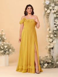 Chiffon A-Line/Princess Off-the-Shoulder Short Sleeves Plus Size Bridesmaid Dresses with Side Slit