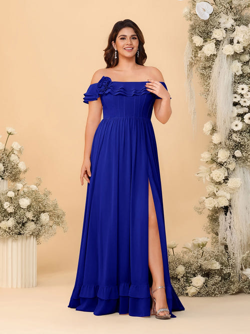 雪纺A字裙/公主款露肩短袖大码伴娘礼服，带侧开衩