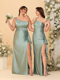 Sheath/Column One-Shoulder Sleeveless Split Side Bridesmaid Dresses with Ruffles