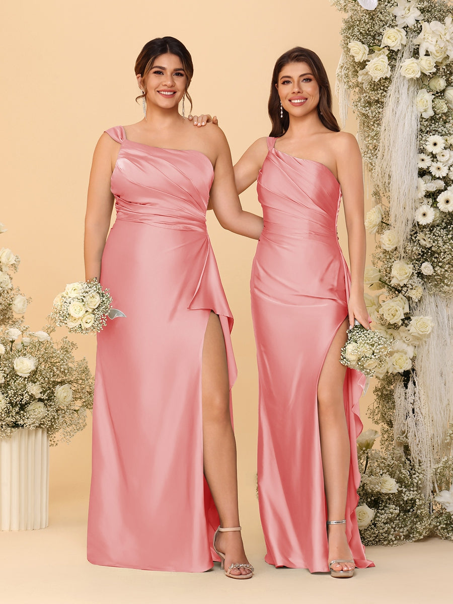 Nafori Dusty Rose Sheath/Column One-Shoulder Sleeveless Split Side Bridesmaid Dresses with Ruffles 2026
