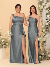 Sheath/Column One-Shoulder Sleeveless Split Side Bridesmaid Dresses with Ruffles