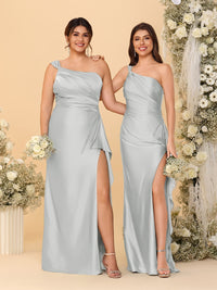Sheath/Column One-Shoulder Sleeveless Split Side Bridesmaid Dresses with Ruffles