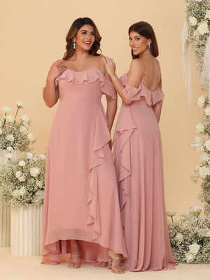 A-Line/Princess Off-the-Shoulder Spaghetti Straps Sleeveless Bridesmaid Dresses with Ruffles