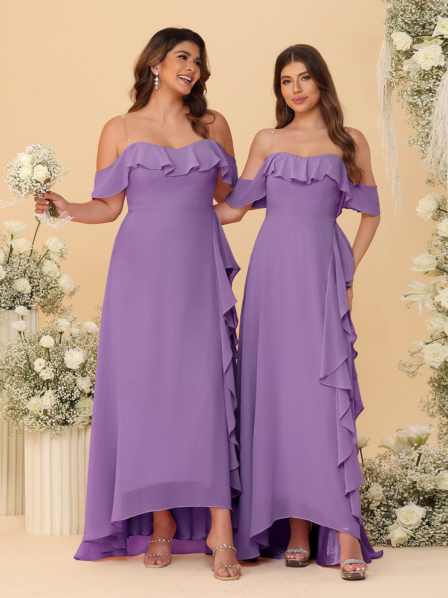 A-Line/Princess Off-the-Shoulder Spaghetti Straps Sleeveless Bridesmaid Dresses with Ruffles