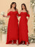 A字/公主式一字肩细吊带无袖伴娘礼服，带荷叶边